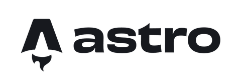 Dark grey Astro logo featuring a stylized letter A shaped like a rocket ship next to the word astro on a black background.