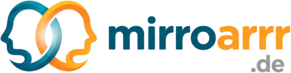 Mirroarrr.de logo with blue and orange interlocking human head silhouettes on a black background.