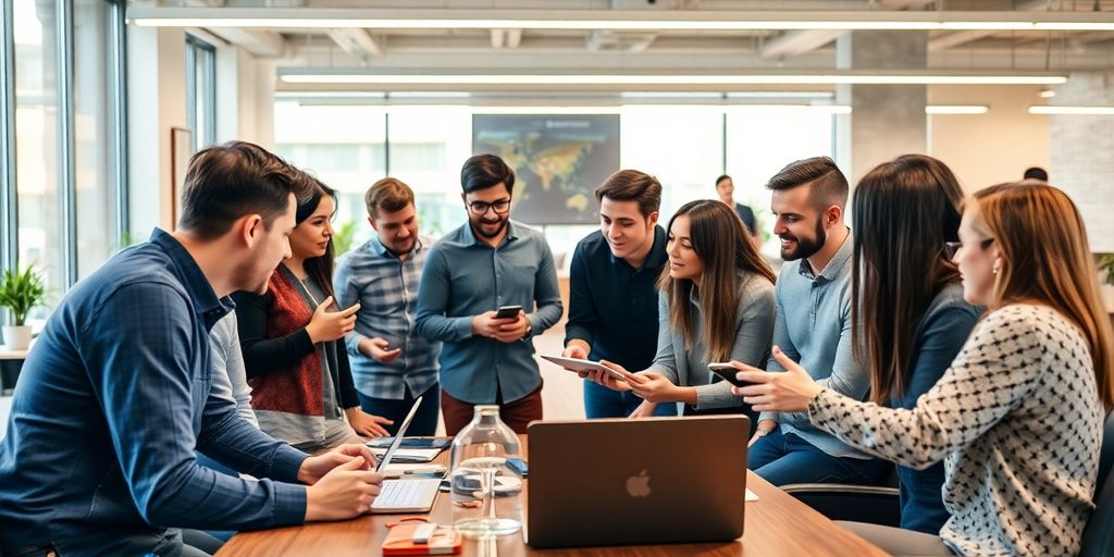 Agiles Team in moderner Büroumgebung bei der Zusammenarbeit.