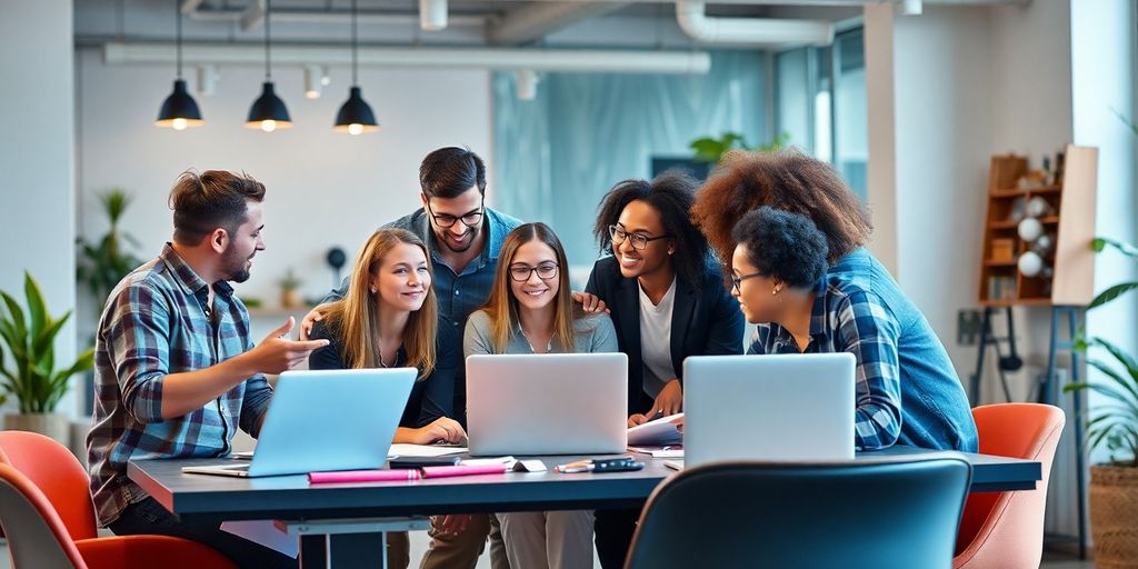 Diverse Unternehmer arbeiten zusammen in einem modernen Büro.