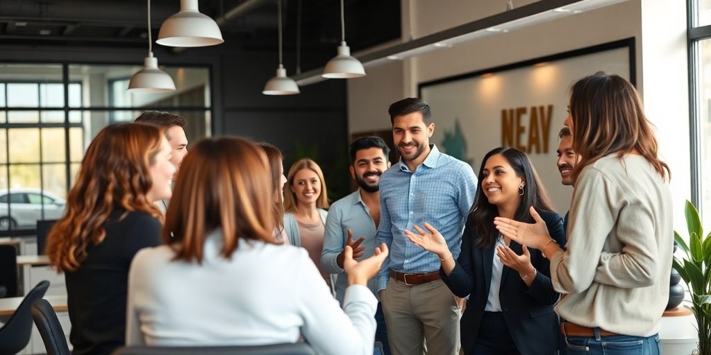 Diverse Gruppe in einem modernen Büro diskutiert.