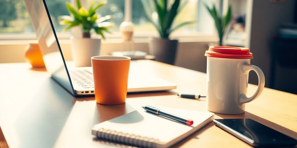 Büro mit Laptop, Kaffeetasse und Notizbuch.