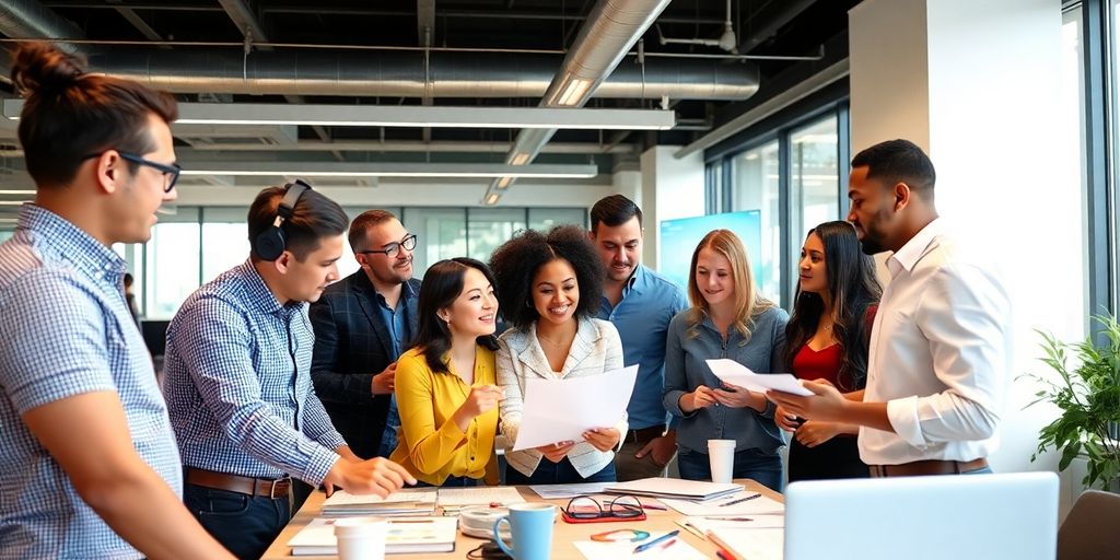 Diverse Team arbeitet zusammen in modernem Büro.