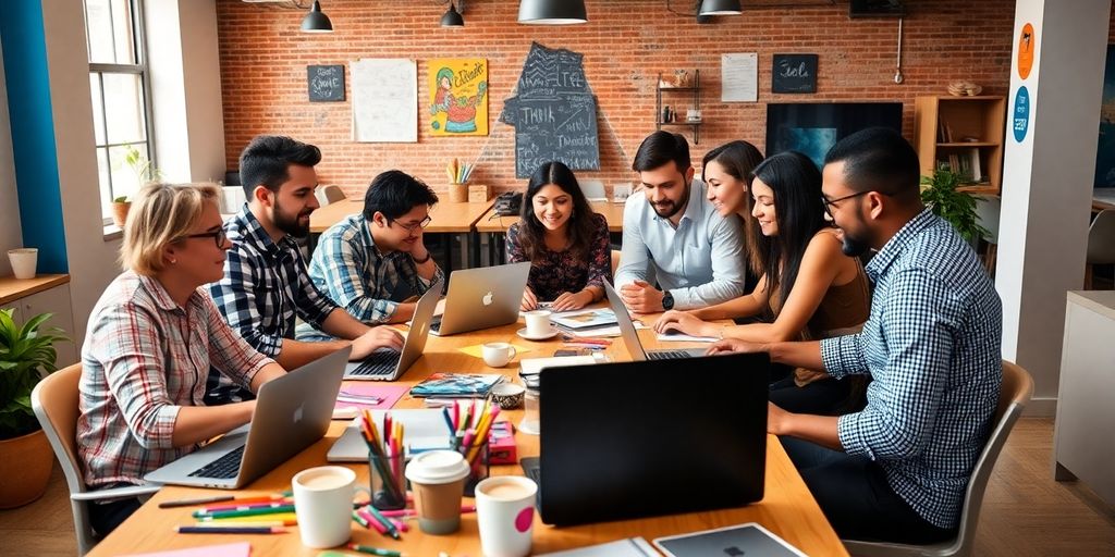 Kollaboratives Arbeiten im Startup-Team mit Laptops und Geräten.