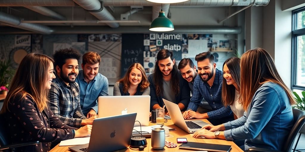 Diverse Gruppe von Unternehmern in modernem Arbeitsumfeld.