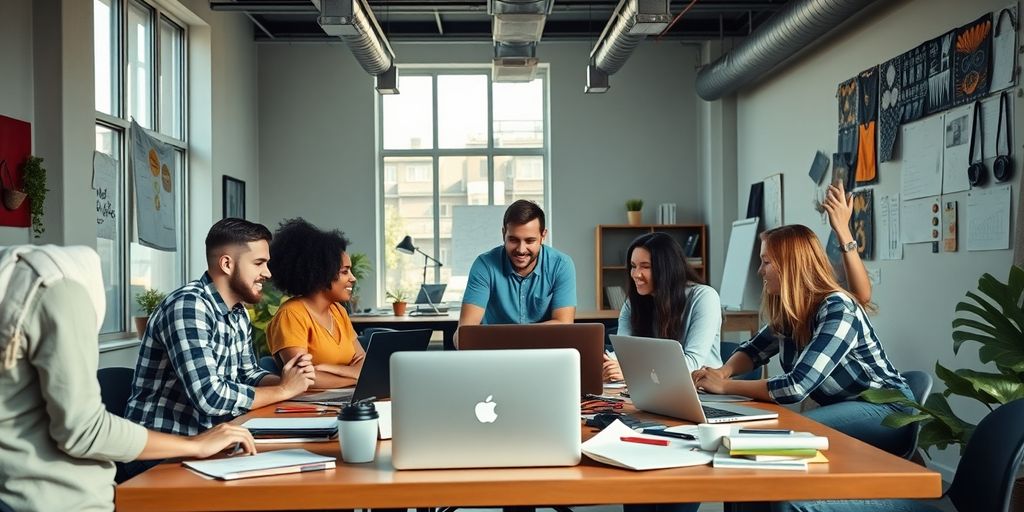 Diverse Team im kreativen Startup-Büro bei der Arbeit.