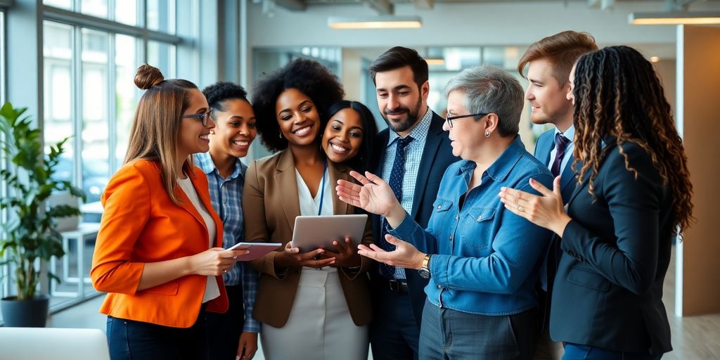 Diverse Geschäftsleute im Gespräch über Partnerschaften.