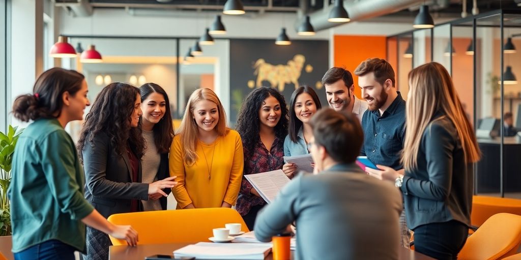 Dynamisches Team in modernem Büro bei der Zusammenarbeit.